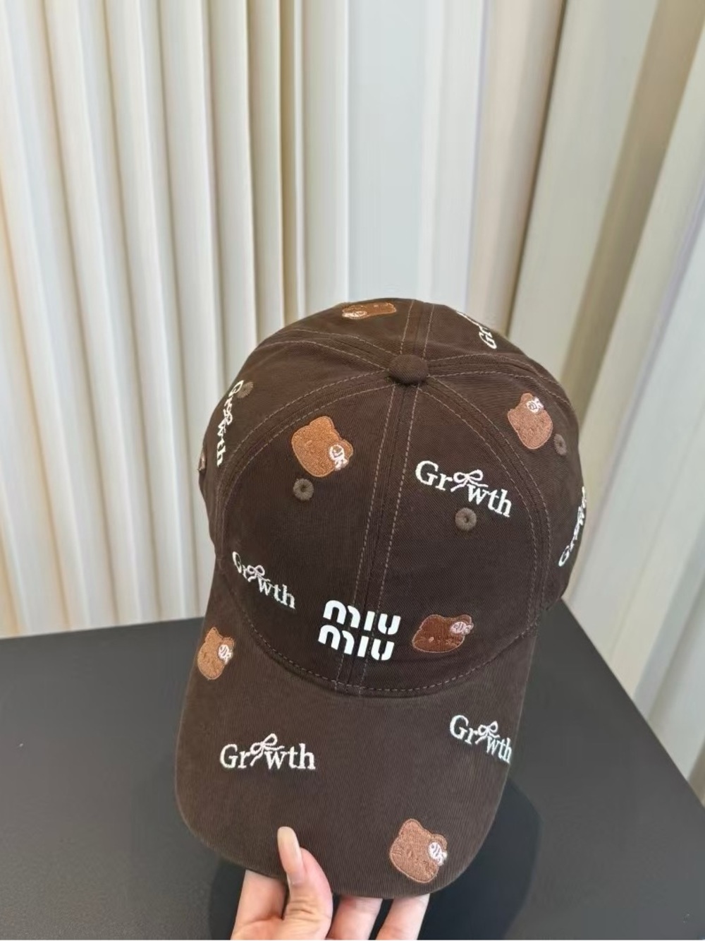 Miu Miu Brown Baseball Cap with Embroidered Bear and 'Growth' Motifs